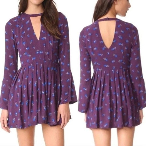 Free People Dresses & Skirts - Free People Teagan Mini Dress Purple Floral Keyhole Back Boho Festival Womens 0